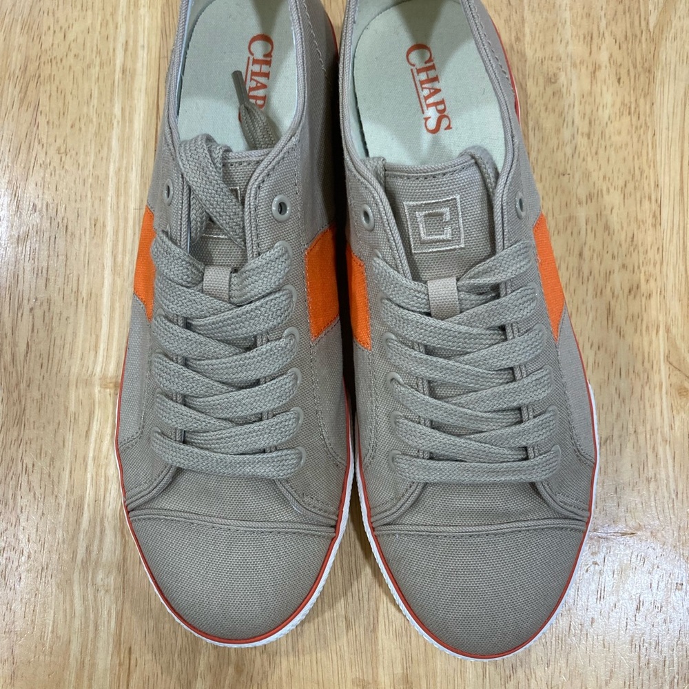 Chaps women’s Sz 9.5 tan/orange trim canvas sneakers New In Box